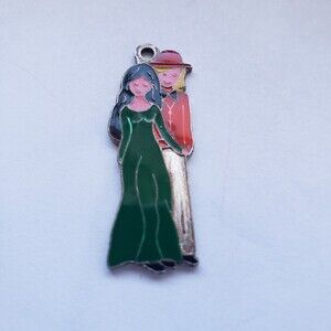 Il Mela Pendant Colorful Enamel Man and Woman on Silver 1.25 inch Backstamp Vtg